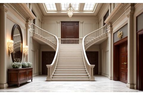 Grand entrance hall in Belgravia Mansion with a sweeping staircase