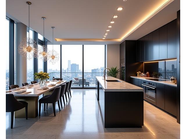 Modern kitchen and dining area in a Mayfair Penthouse with city views