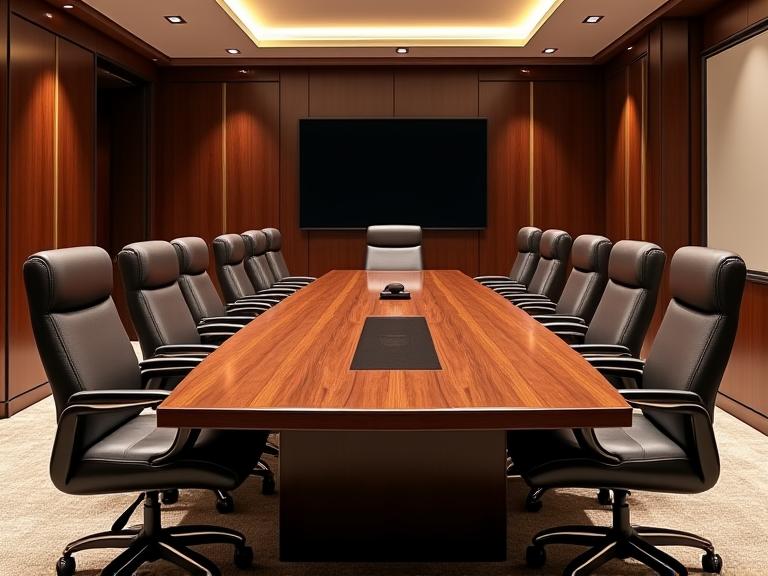 Luxurious classic boardroom with long wooden table and ergonomic chairs