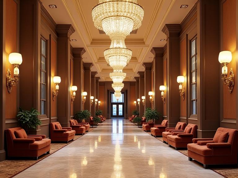 Grand classic hotel lobby with rich textures and elegant chandeliers
