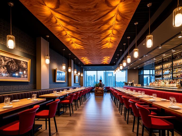 High-end contemporary restaurant interior with unique ceiling design