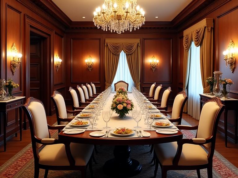 Traditional dining room with rich wood and luxurious fabrics