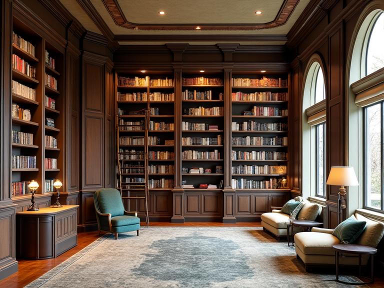 Impressive home library with custom built-in bookshelves and ladder