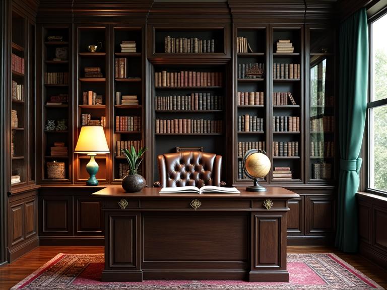 Sophisticated classic study with dark wood paneling and leather
