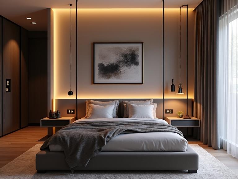 Contemporary bedroom with custom lighting and neutral tones