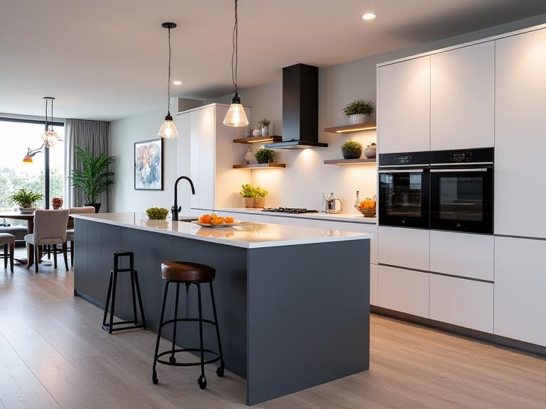 Open-plan contemporary kitchen with island and integrated appliances