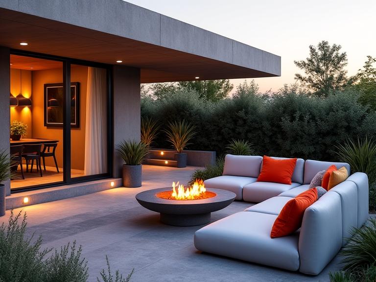 Modern outdoor patio design with lounge seating and fire pit