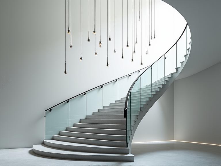 Architectural contemporary staircase with glass railing and suspended lighting